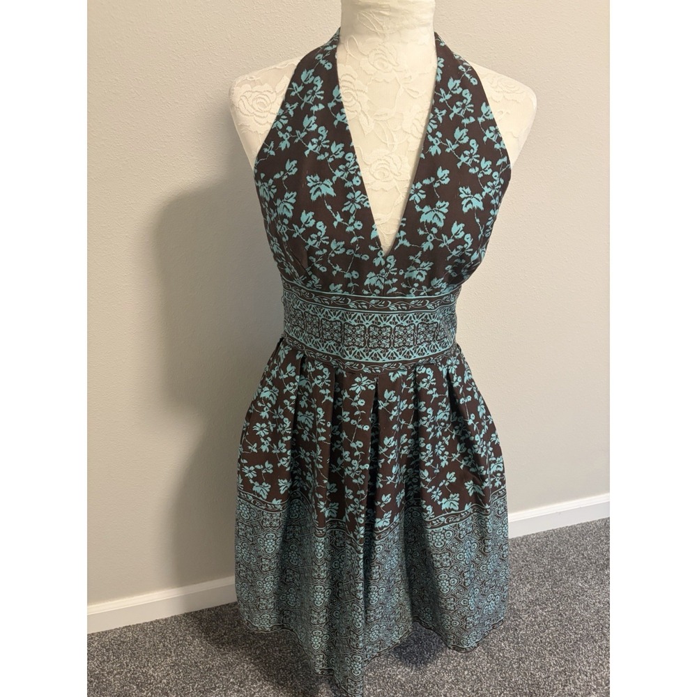 Maggy London Floral Halter Dress~8~Fit & Flare Cotton Garden Party Feminine Vamp - Picture 2 of 16